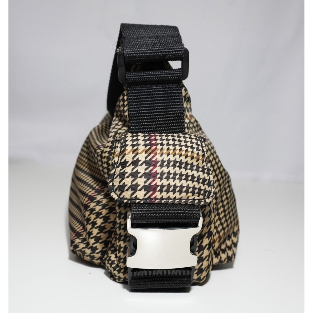Lauren Ralph Lauren Plaid Houndsooth Beige Nylon Shoulder Bag Silver Buckles - Picture 4 of 12